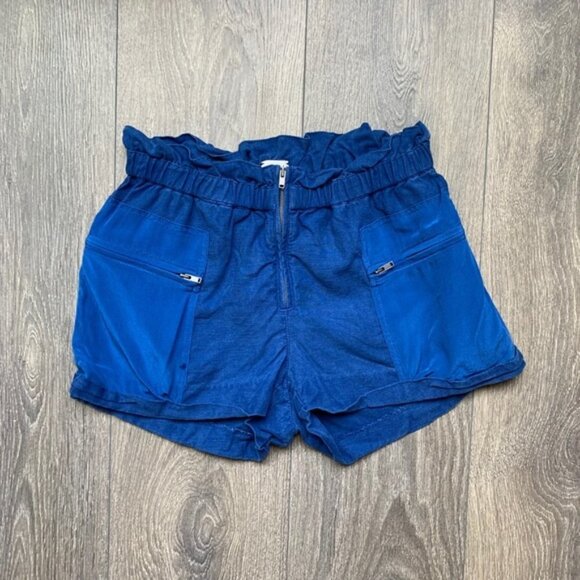 Aritzia Wilfred Shorts Crepe Paperbag Ruched Elastic Waist Linen Cobalt Blue - Picture 6 of 15